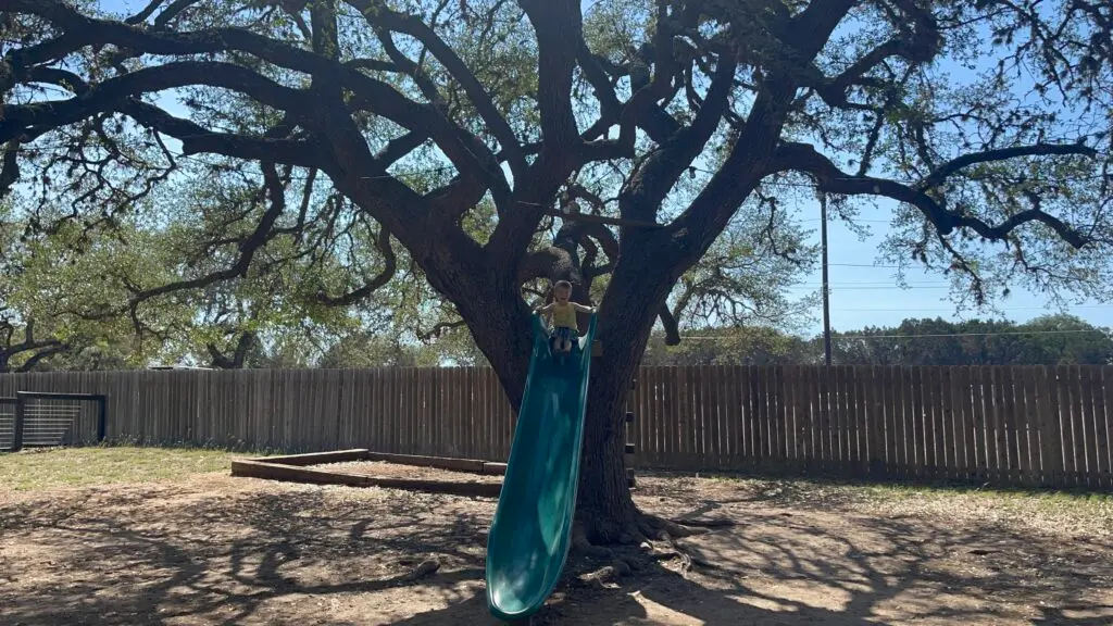 Child slides down the tree slide at Treaty Oak Distilling