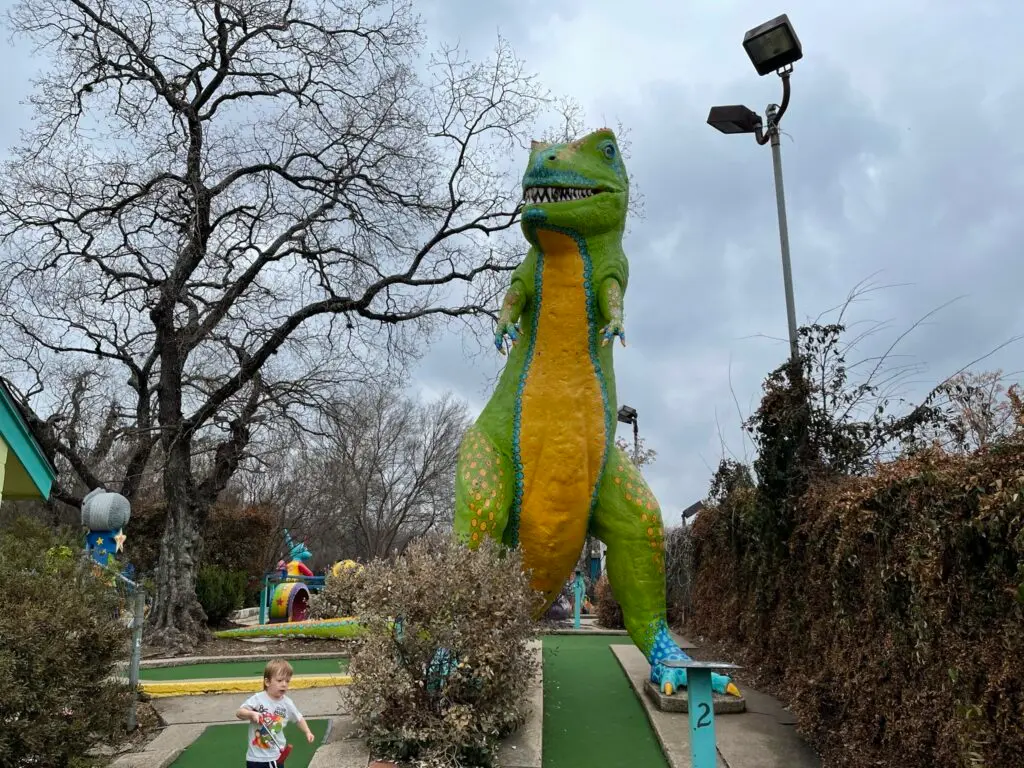 The big old t-rex at Peter Pan Mini Golf