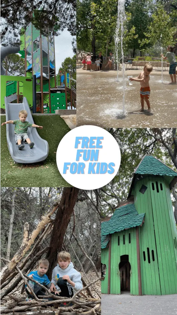 Collage of fun on a slide, at a splash pad, in a stick fort, and in the green fort at Katherine Fleischer