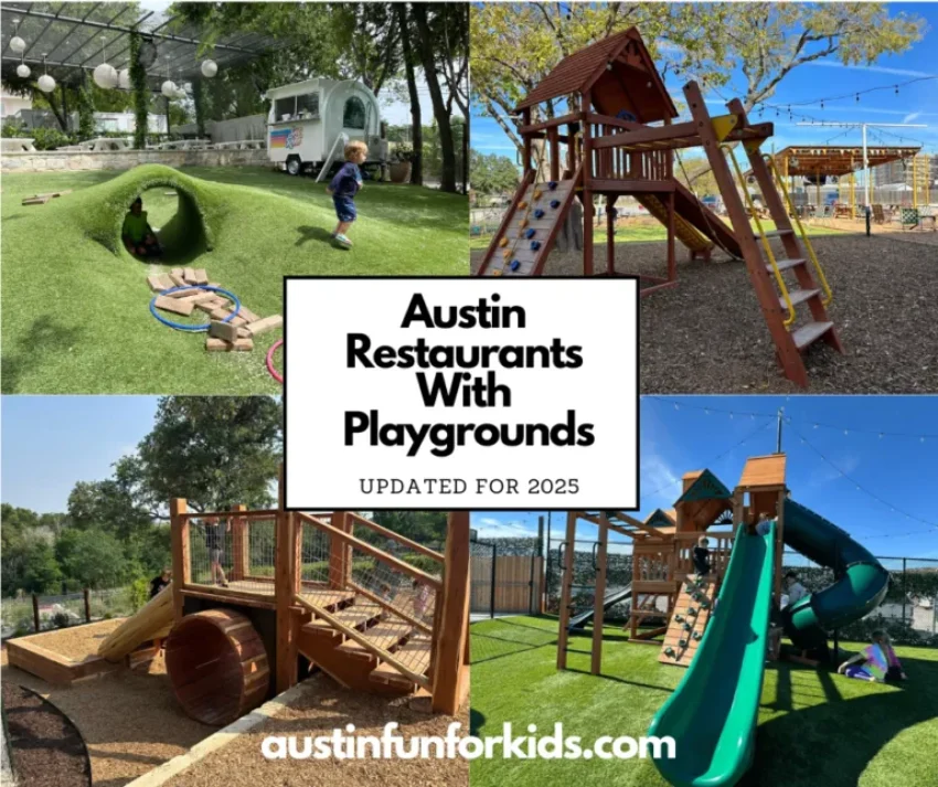 Four images of the top restaurants with playgrounds in Austin